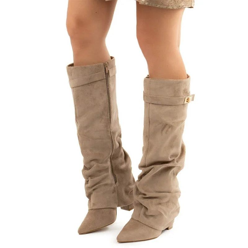 2025 New Style Metal Buckle Women'S Knee High Boots Pointed Toe Crude Heel Solid Color Female Long Boots Quality Ladies Shoes