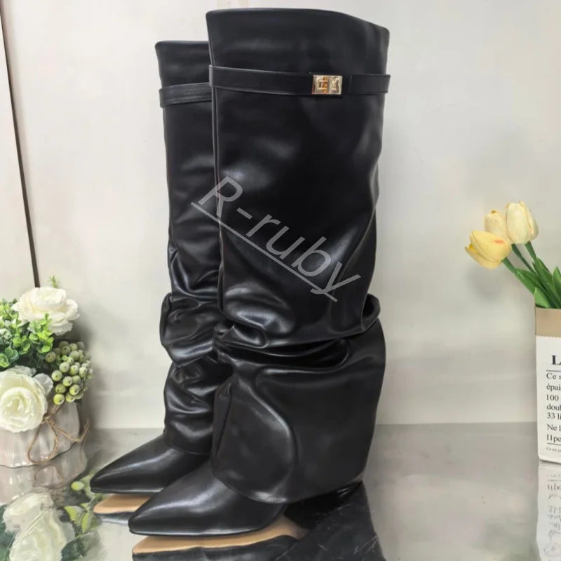 2025 New Style Metal Buckle Women'S Knee High Boots Pointed Toe Crude Heel Solid Color Female Long Boots Quality Ladies Shoes