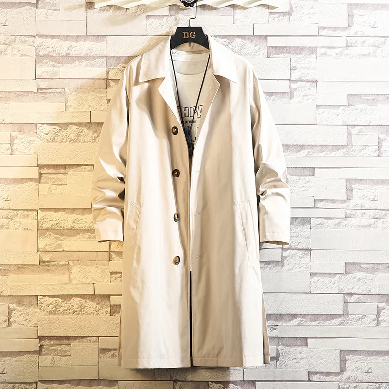 New Spring Autumn Trench Men Fashion Oversized Trench Jakcet Men Casual Windbreaker Mens Medium Length Turn down Collar Trench