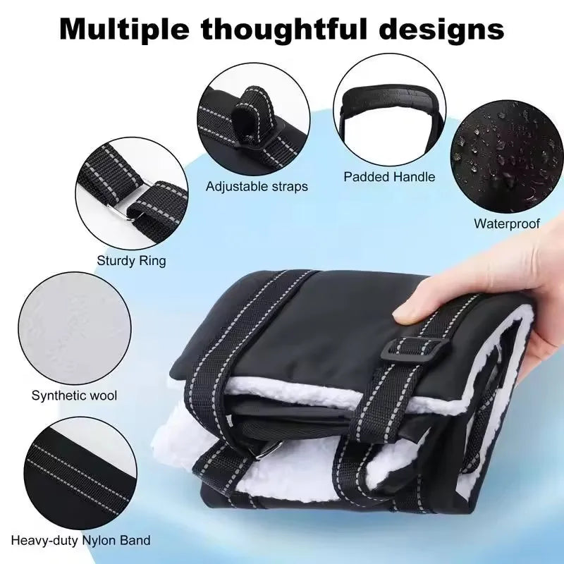 Design details of the dog lift sling: sturdy ring, adjustable straps, padded handle, waterproof shell and synthetic wool lining