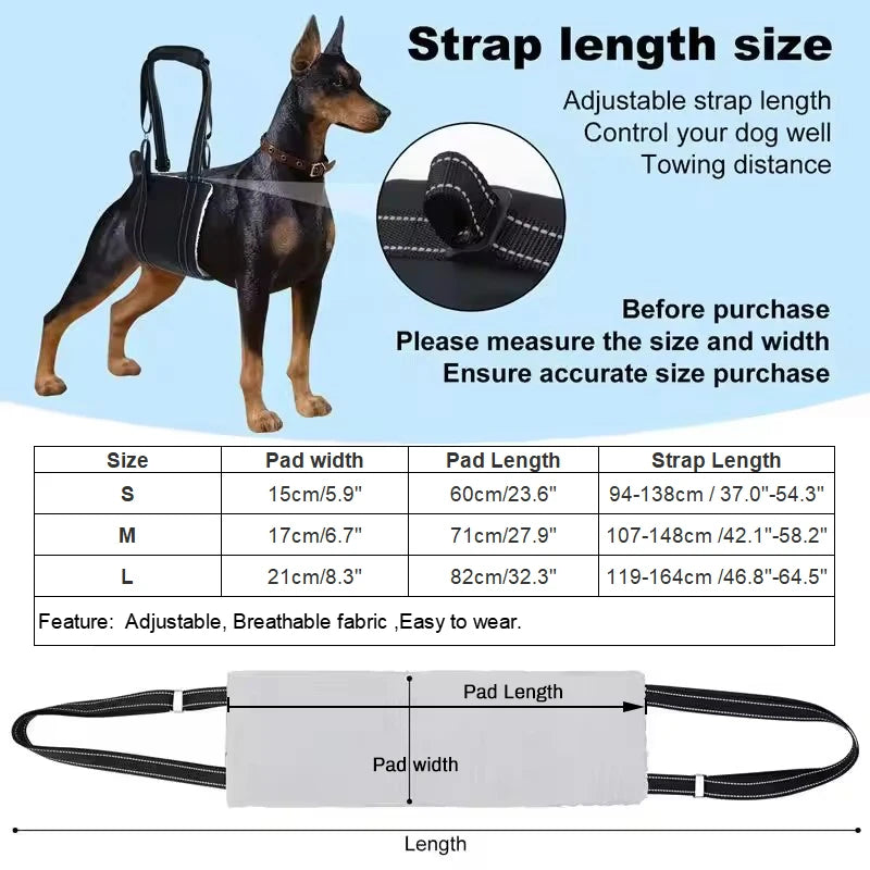Size chart showing pad width, pad length and strap length for sizes S, M and L