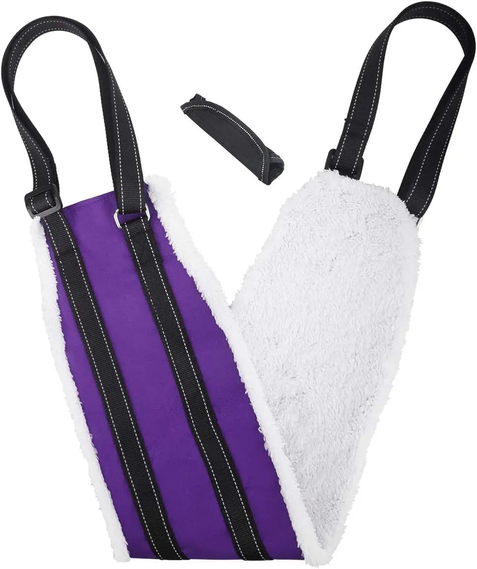 Dog rear leg support sling in Purple with white fleece lining