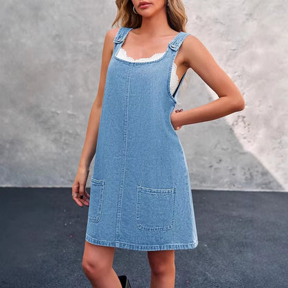 RNSHANGER Ladies Summer Denim Dress Casual Sleeveless Shoulder Strap Jean Dress Streetwear Blue Loose Denim Dress with Pockets
