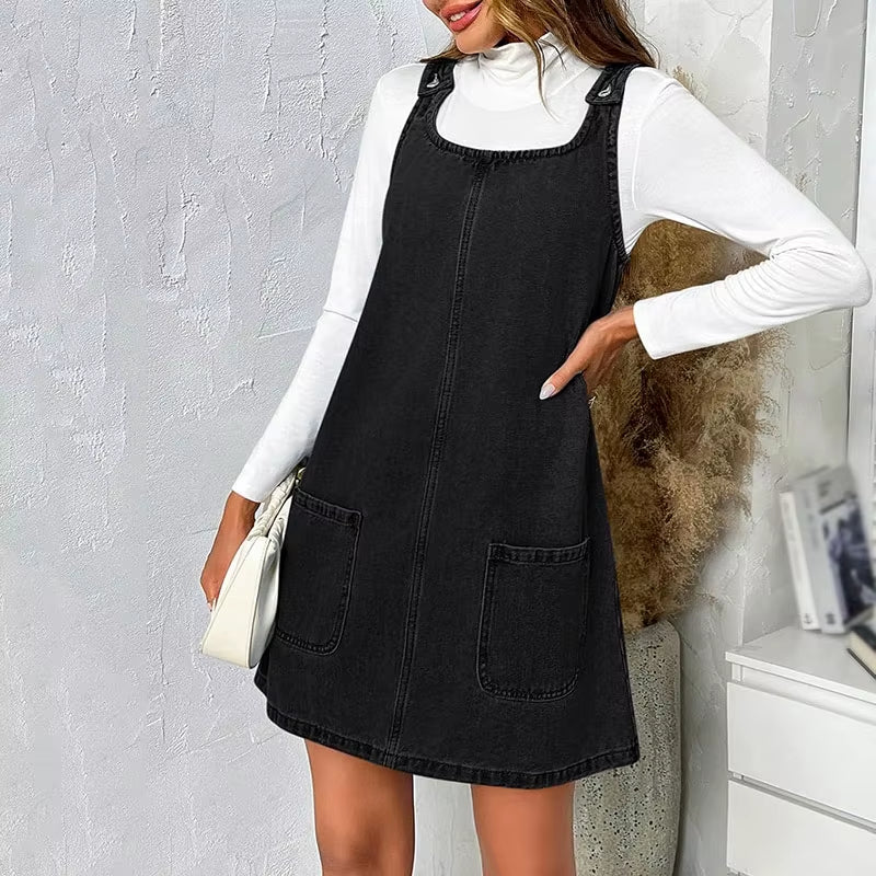 RNSHANGER Ladies Summer Denim Dress Casual Sleeveless Shoulder Strap Jean Dress Streetwear Blue Loose Denim Dress with Pockets