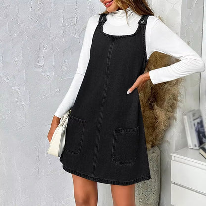 RNSHANGER Ladies Summer Denim Dress Casual Sleeveless Shoulder Strap Jean Dress Streetwear Blue Loose Denim Dress with Pockets