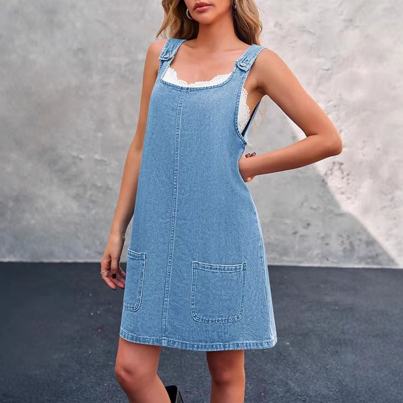 RNSHANGER Ladies Summer Denim Dress Casual Sleeveless Shoulder Strap Jean Dress Streetwear Blue Loose Denim Dress with Pockets