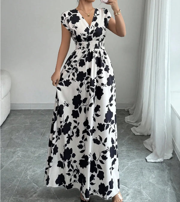 Summer Women'S V-Neck Dress Short-Sleeved High-Waisted Plant Print Simple Fashion Holiday Casual Long Dress for Female