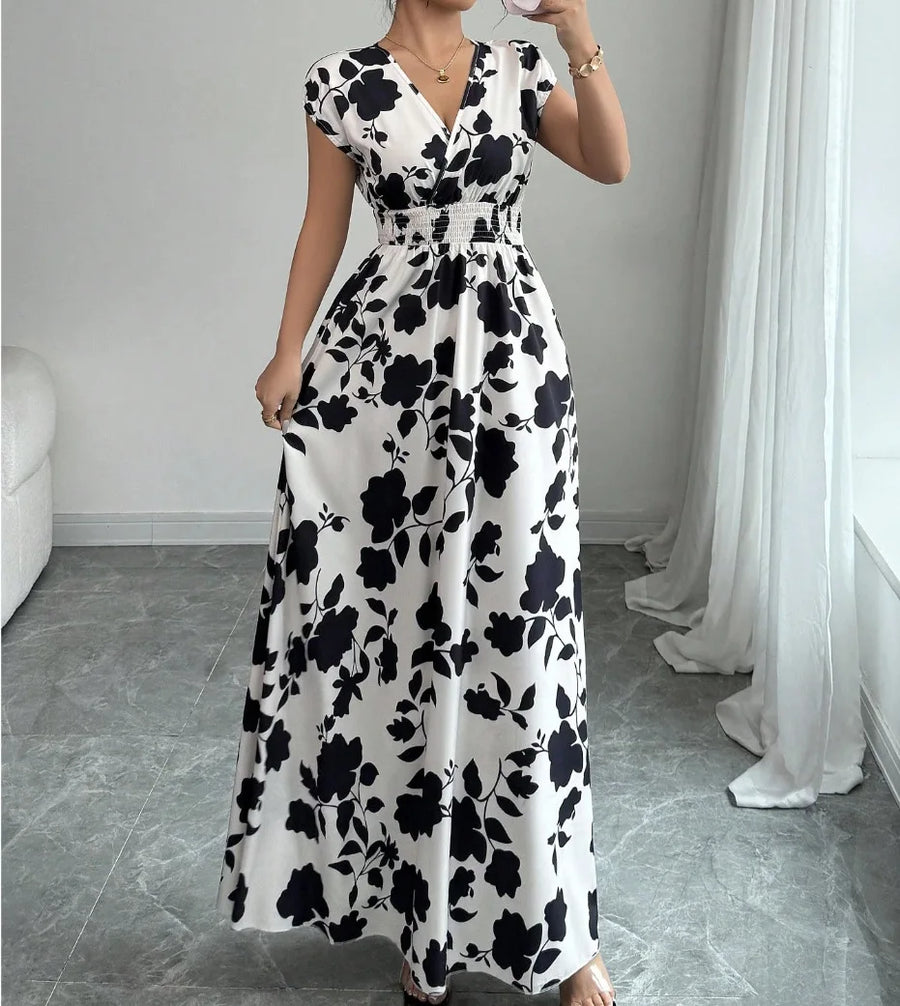 Summer Women'S V-Neck Dress Short-Sleeved High-Waisted Plant Print Simple Fashion Holiday Casual Long Dress for Female