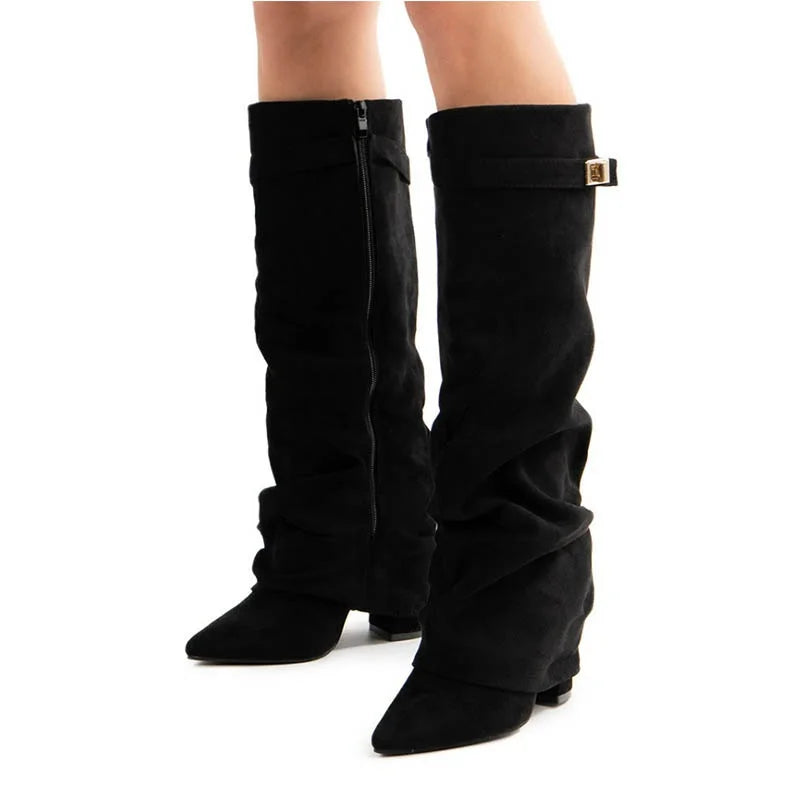 2025 New Style Metal Buckle Women'S Knee High Boots Pointed Toe Crude Heel Solid Color Female Long Boots Quality Ladies Shoes