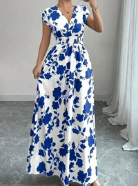 Summer Women'S V-Neck Dress Short-Sleeved High-Waisted Plant Print Simple Fashion Holiday Casual Long Dress for Female