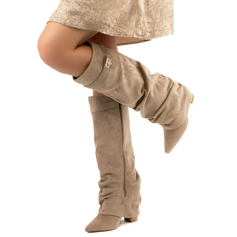 2025 New Style Metal Buckle Women'S Knee High Boots Pointed Toe Crude Heel Solid Color Female Long Boots Quality Ladies Shoes
