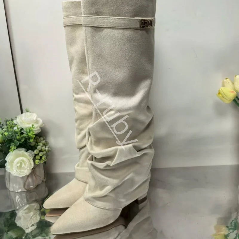 2025 New Style Metal Buckle Women'S Knee High Boots Pointed Toe Crude Heel Solid Color Female Long Boots Quality Ladies Shoes