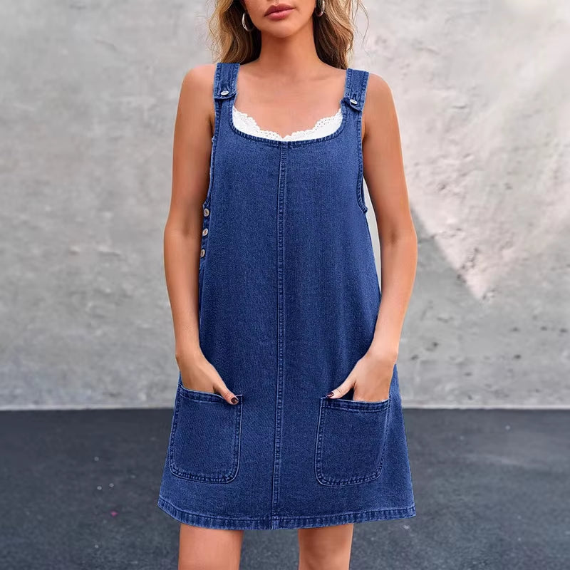 RNSHANGER Ladies Summer Denim Dress Casual Sleeveless Shoulder Strap Jean Dress Streetwear Blue Loose Denim Dress with Pockets
