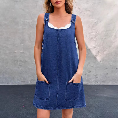 RNSHANGER Ladies Summer Denim Dress Casual Sleeveless Shoulder Strap Jean Dress Streetwear Blue Loose Denim Dress with Pockets