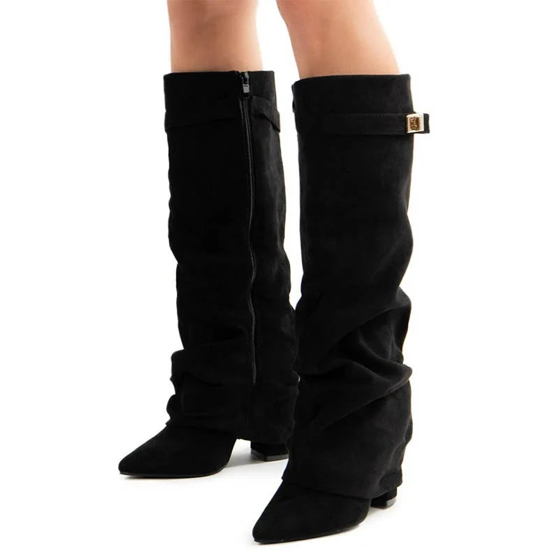 2025 New Style Metal Buckle Women'S Knee High Boots Pointed Toe Crude Heel Solid Color Female Long Boots Quality Ladies Shoes