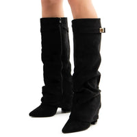 2025 New Style Metal Buckle Women'S Knee High Boots Pointed Toe Crude Heel Solid Color Female Long Boots Quality Ladies Shoes