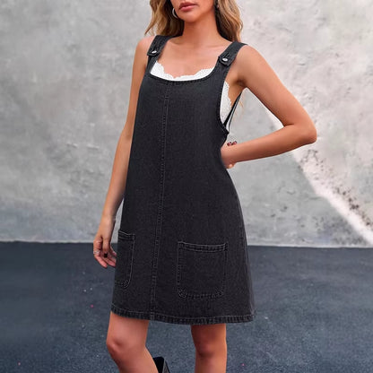 RNSHANGER Ladies Summer Denim Dress Casual Sleeveless Shoulder Strap Jean Dress Streetwear Blue Loose Denim Dress with Pockets