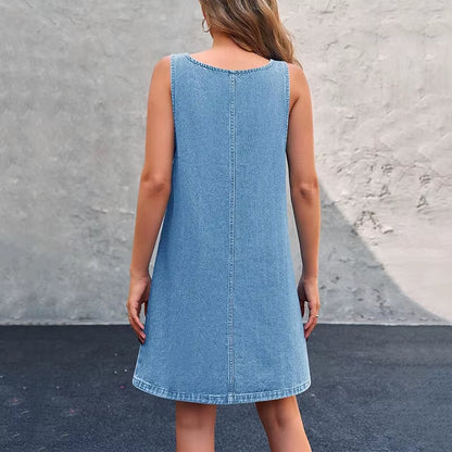 RNSHANGER Ladies Summer Denim Dress Casual Sleeveless Shoulder Strap Jean Dress Streetwear Blue Loose Denim Dress with Pockets