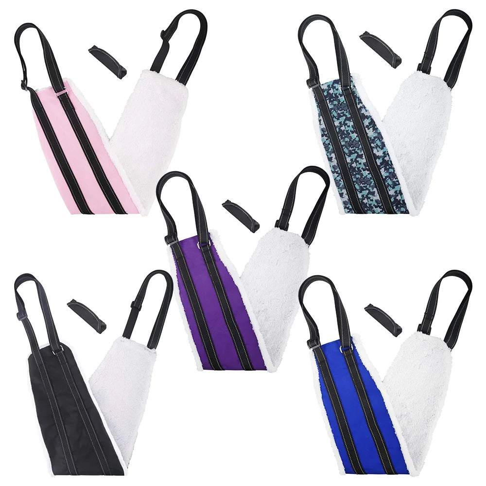 All five colours of the dog rear leg sling — black, blue, pink, purple and camouflage — with fleece linings shown