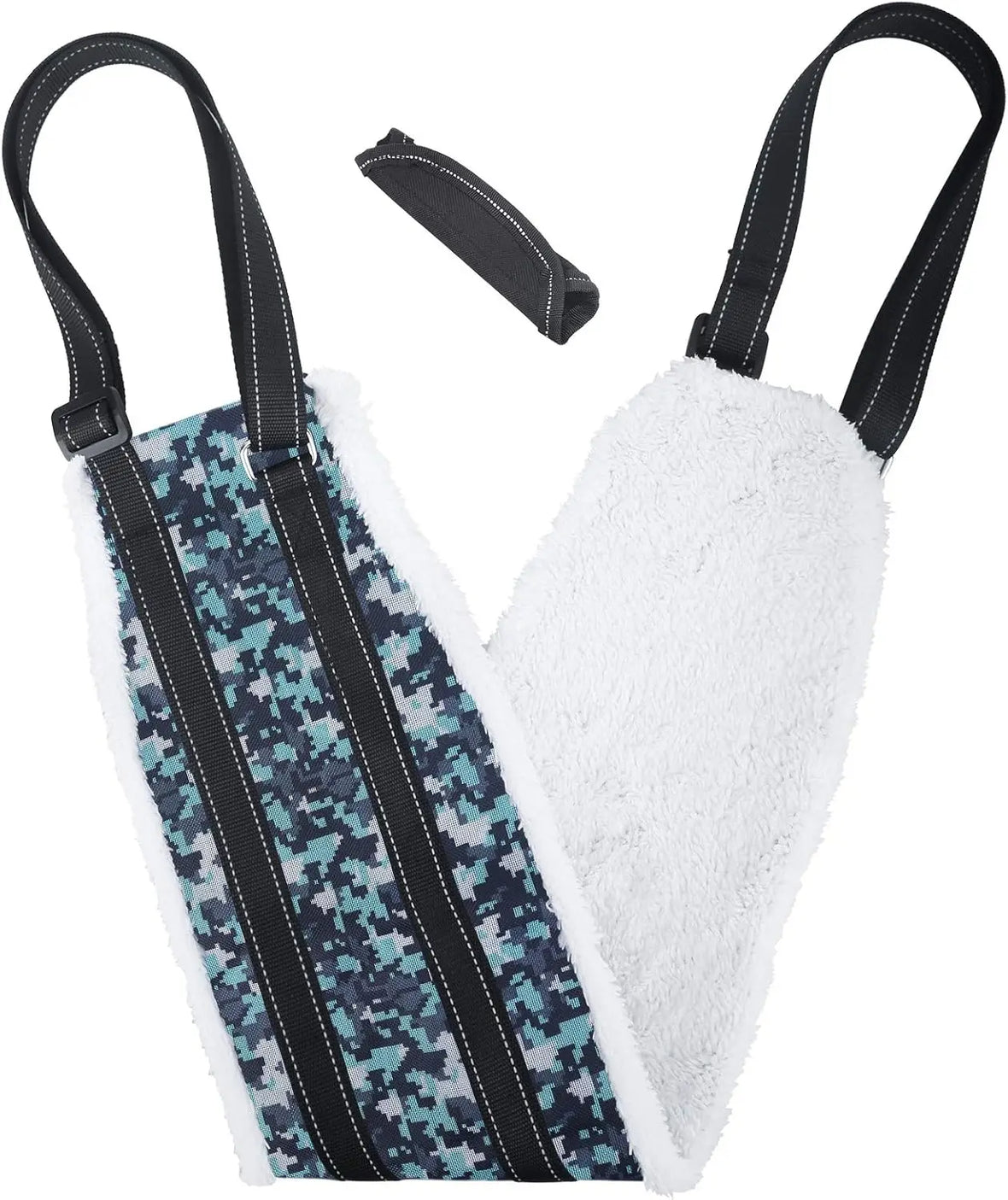 Dog rear leg support sling in Camouflage print with white fleece lining