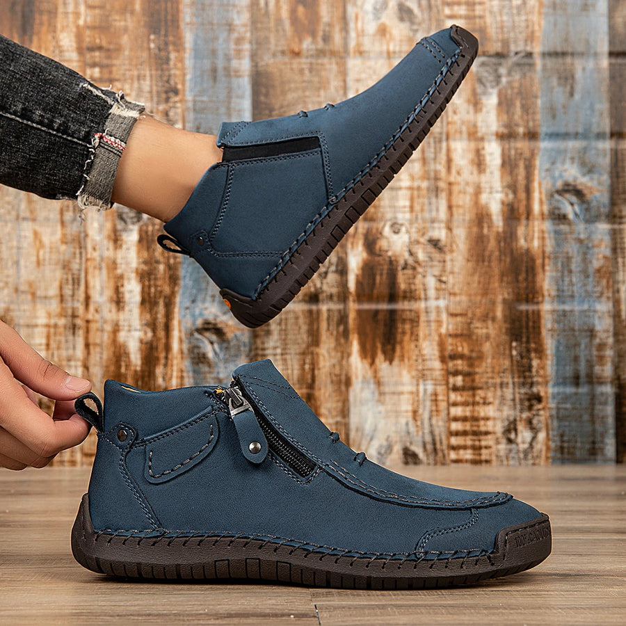 New Classic Handmade Leather Men'S Shoes with Zipper Design Outdoor Sneakers Casual Flat Shoes Men Work Shoes Ankle Boots
