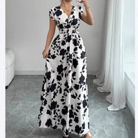 Summer Women'S V-Neck Dress Short-Sleeved High-Waisted Plant Print Simple Fashion Holiday Casual Long Dress for Female
