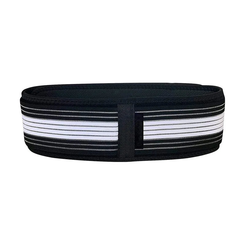 Black sacroiliac pelvic support belt with white-striped elastic pull-straps, front view