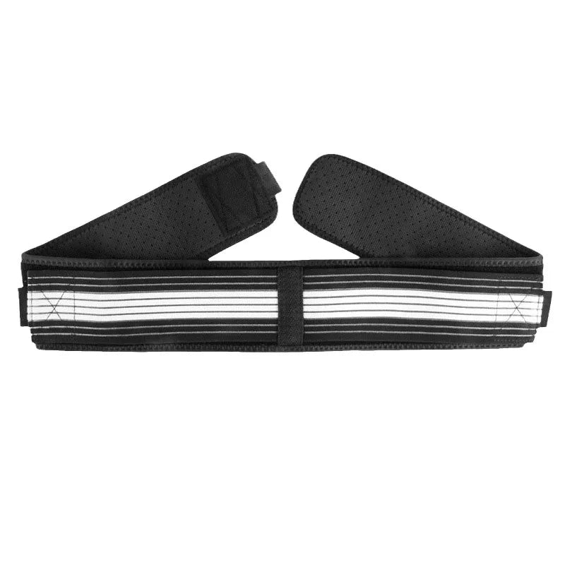 Sacroiliac belt laid open showing perforated neoprene body, elastic straps and hook-and-loop closure