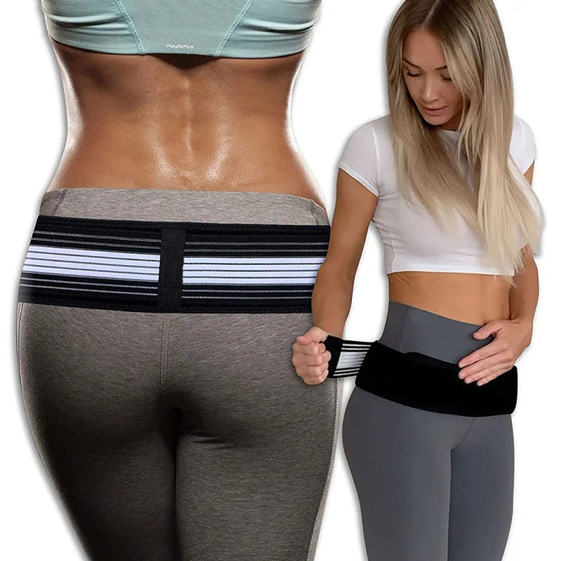 Woman wearing the sacroiliac belt over leggings, back view and tightening the pull-strap from the front