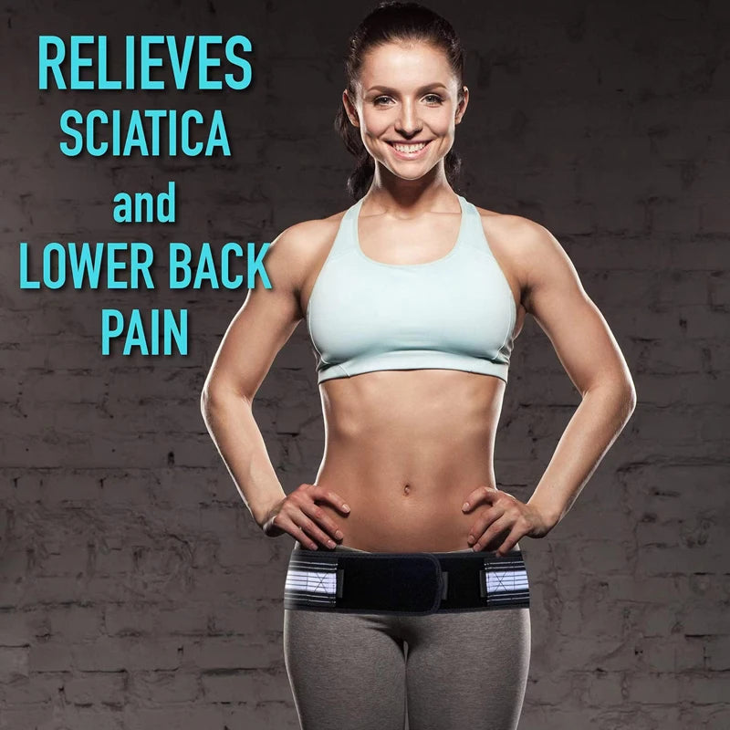 Woman in activewear wearing the sacroiliac belt around the pelvis