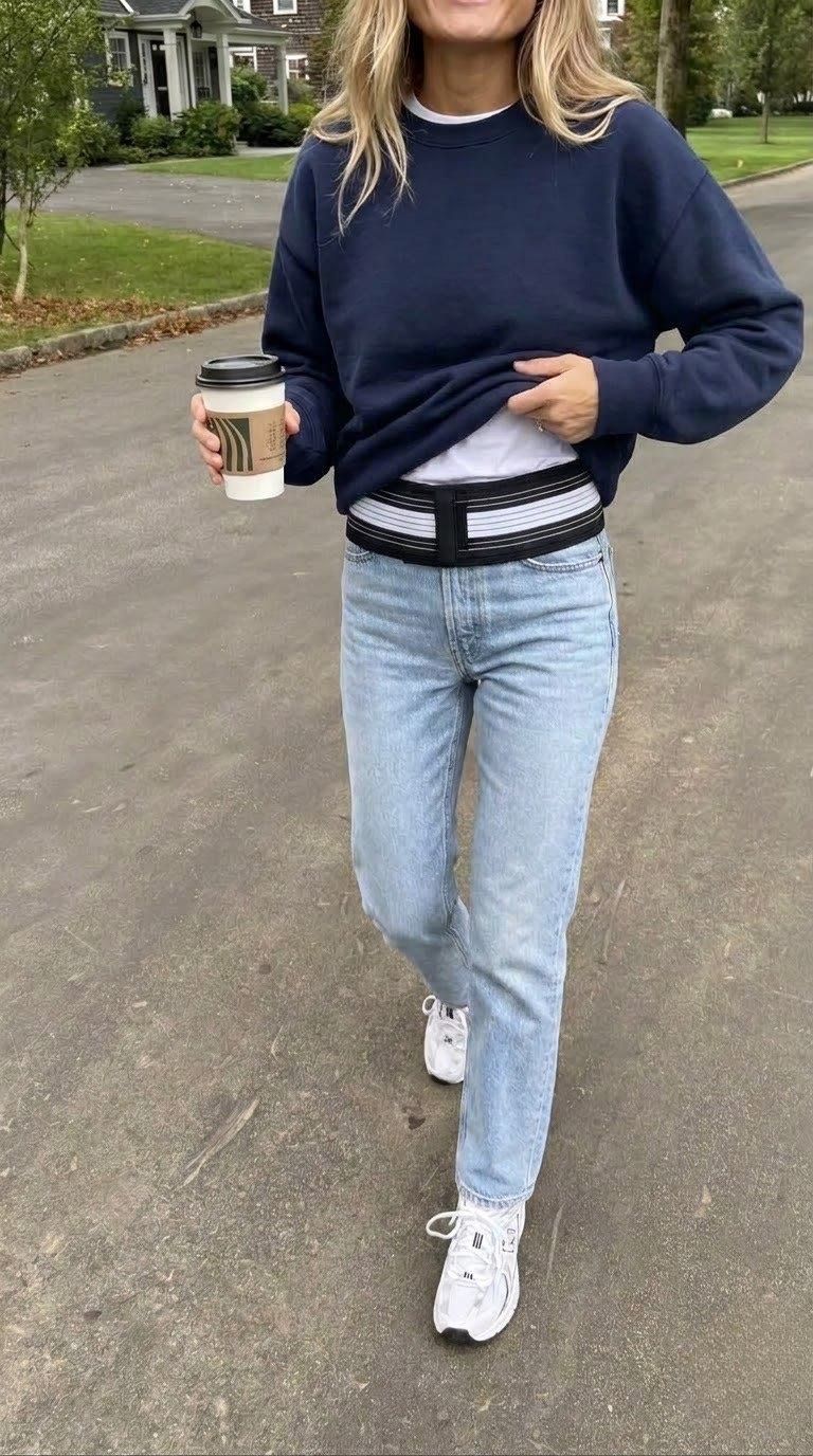 Customer wearing the support belt low over the hips, under a sweatshirt, with jeans