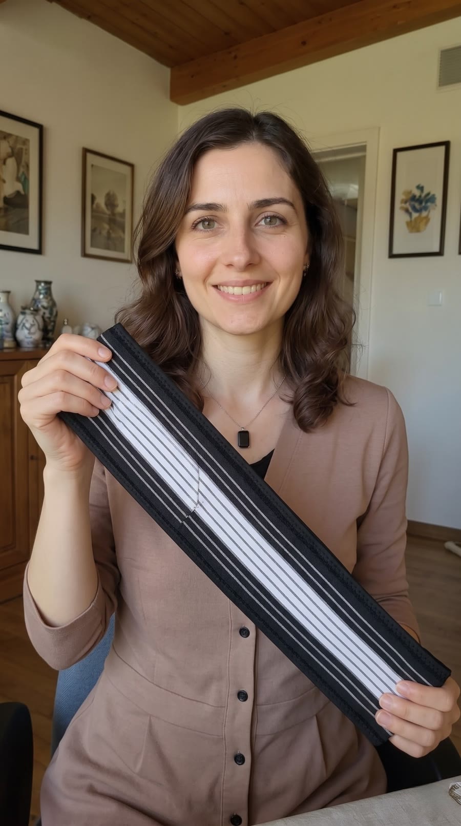 Customer holding up the pelvic support belt, showing its length and striped elastic panel