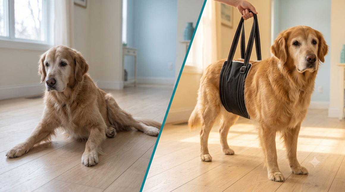 A senior golden retriever unable to get up on a wooden floor, beside the same dog standing steadily in a rear-support sling